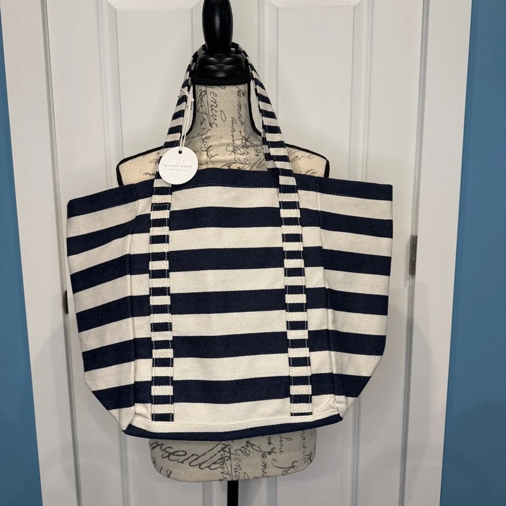 Altar’d State Striped Navy and White Canvas Tote Bag‎